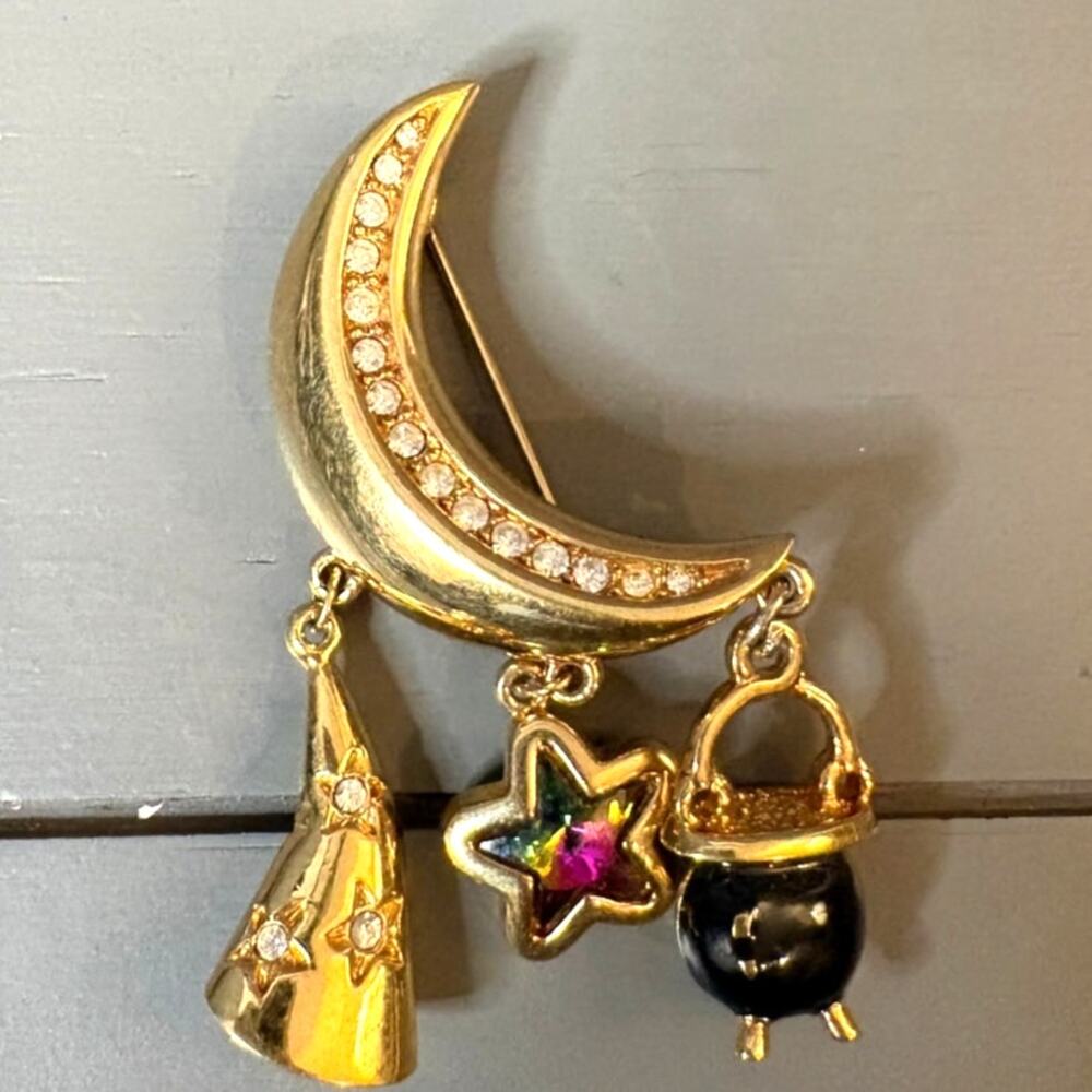 Swarovski Halloween Crescent Moon Hat Star Cauldron Brooch Pin